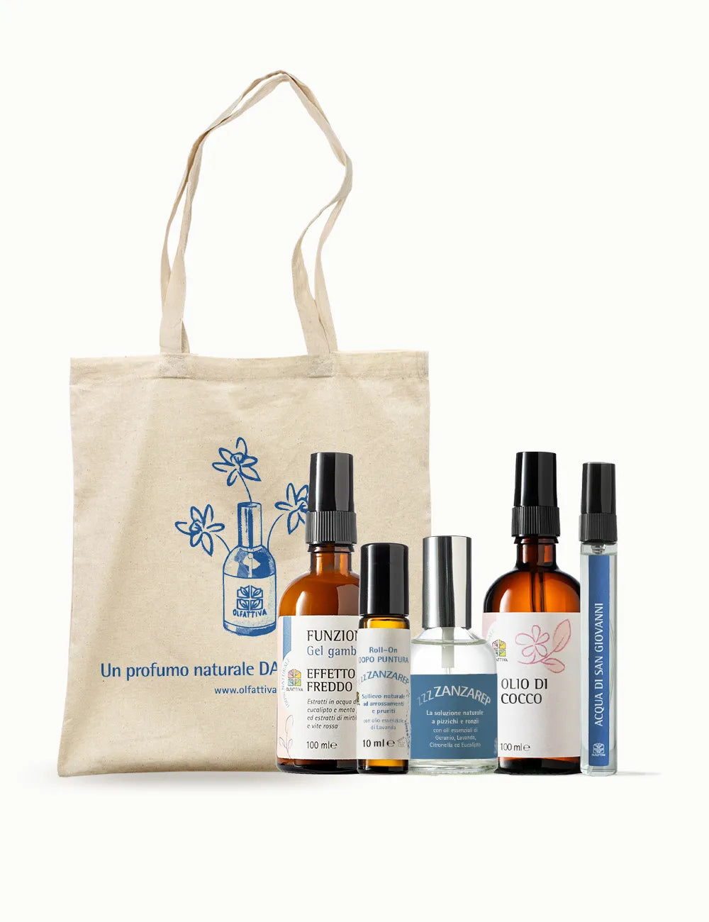 Kit Estate personalizzato con Acqua di San Giovanni, tote bag, Roll On dopopuntura e Zanzarep 50ml